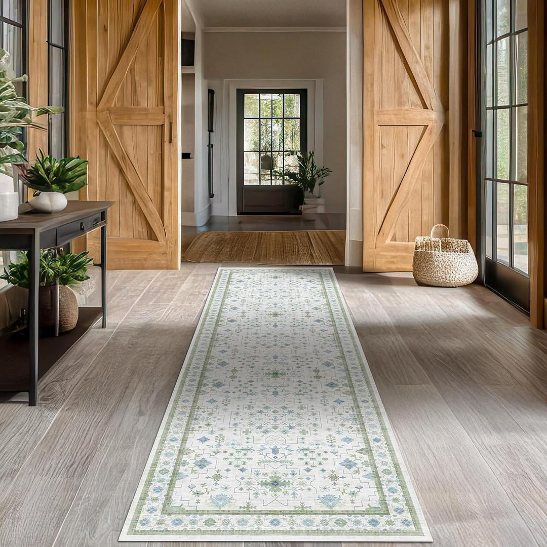 Hazo Haus Oushak 3x20 Wide Hallway Runner Rug - Vintage Turkish Floral, Washable Low Pile Non Slip 20ft Extra Long Runners for Large Kitchen, Hall Way - Blue and Green Dcor, ' x 20' (Runner), Cream Green 