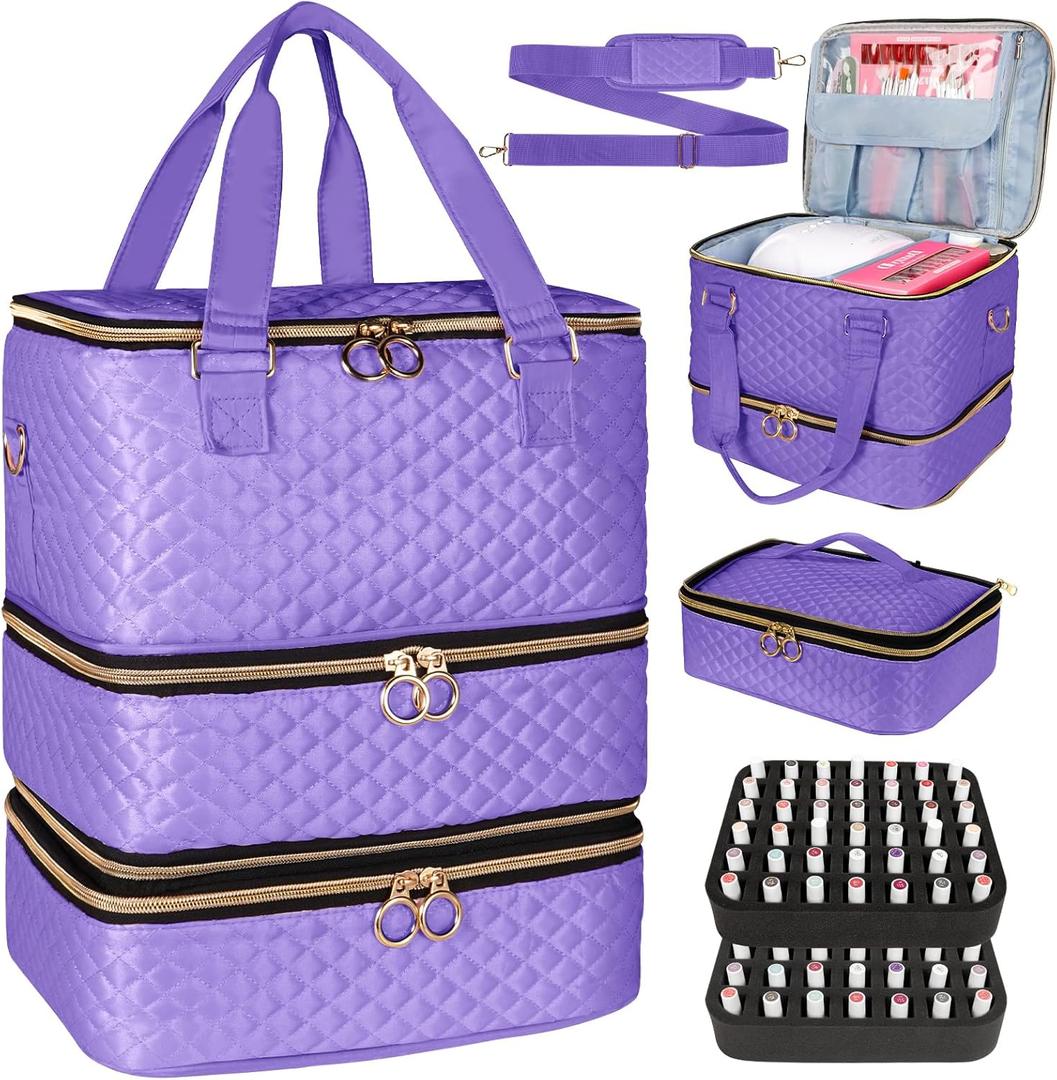 Nail Polish Organizer Bag Hold 84 Bottles(15ml/0.5 fl.oz), 3 Layers Nail Kit Supplies Organizer Bag Travel, Nail Organizers and Storage Case with Holder & Shoulder Strap, Purple