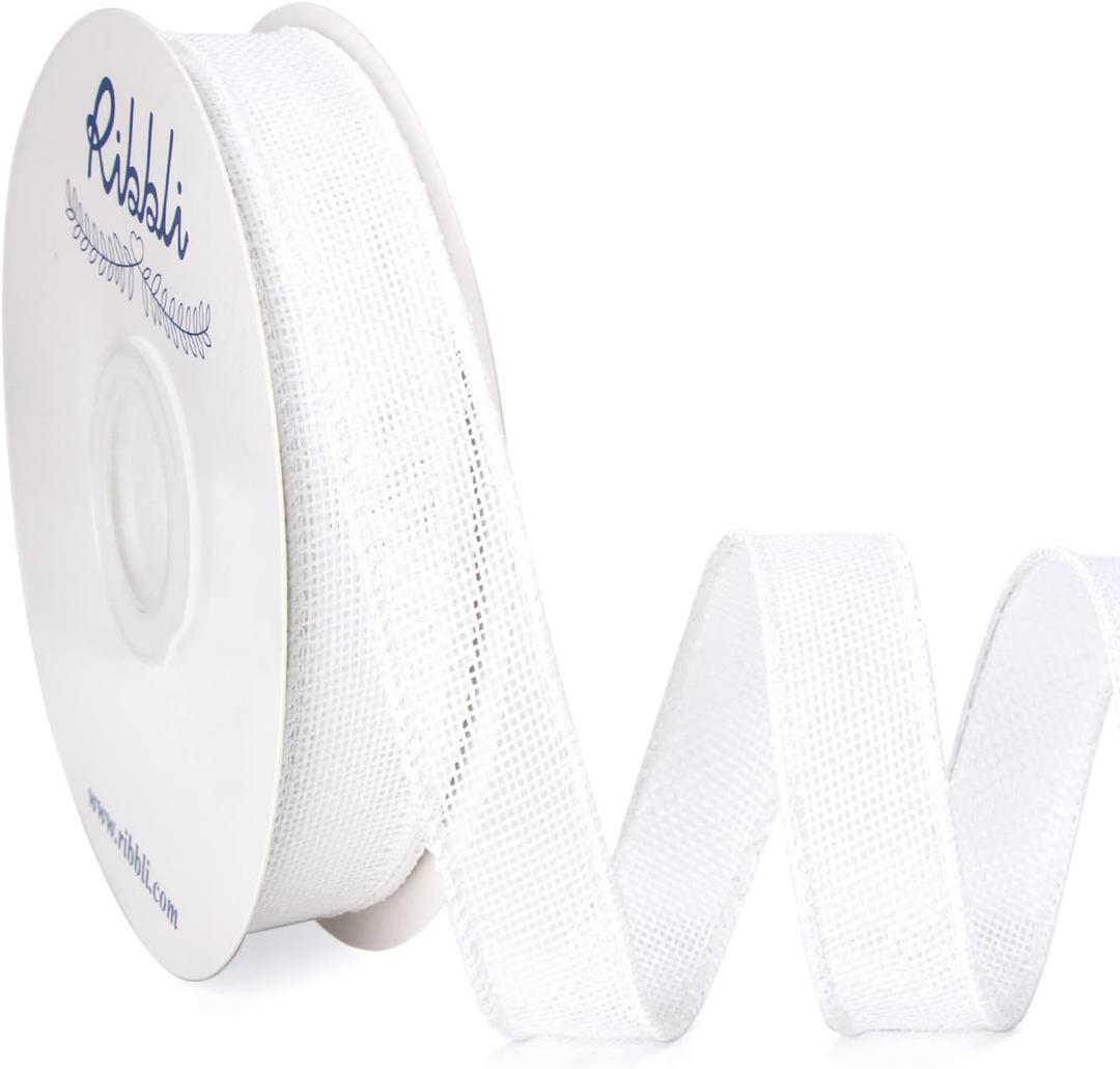 Ribbli White Burlap Wired Ribbon, 1 Inch x Continuous 20 Yard, White Wired Ribbon for Wreaths,Big Bows,Tree Decoration,Outdoor Decoration