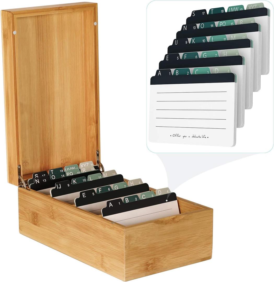 MaxGear Index Card Holder, 3 x 5 Inch Business Card Organizer for Desk with 4 Dividers, Bamboo Index Cards Box with A-Z Tabs Holds 600 Cards for Recipe Flash Storage