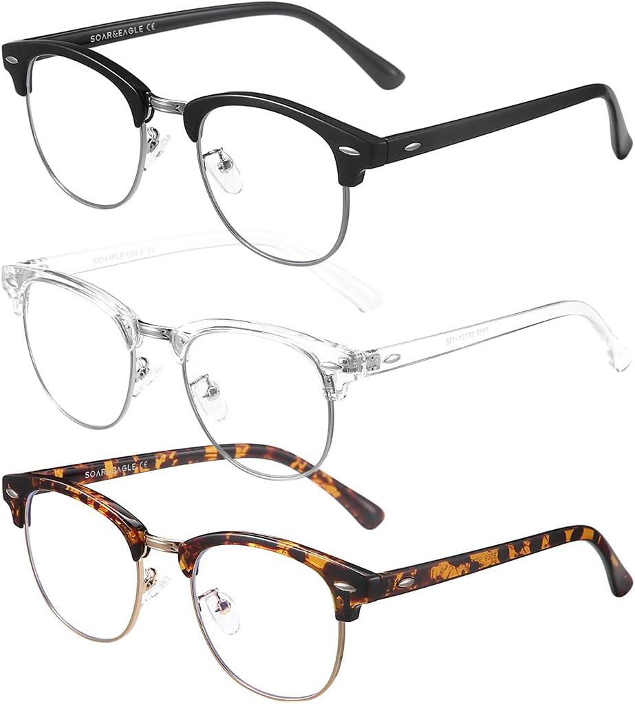 SOAR&EAGLE 3 Pack Blue Light Blocking Glasses,Computer Gaming Glasses,Retro Semi Rimless UV400 Clear Lens Computer Eyewear (Bright Black Silver/Crystal Silver/Amber Gold)