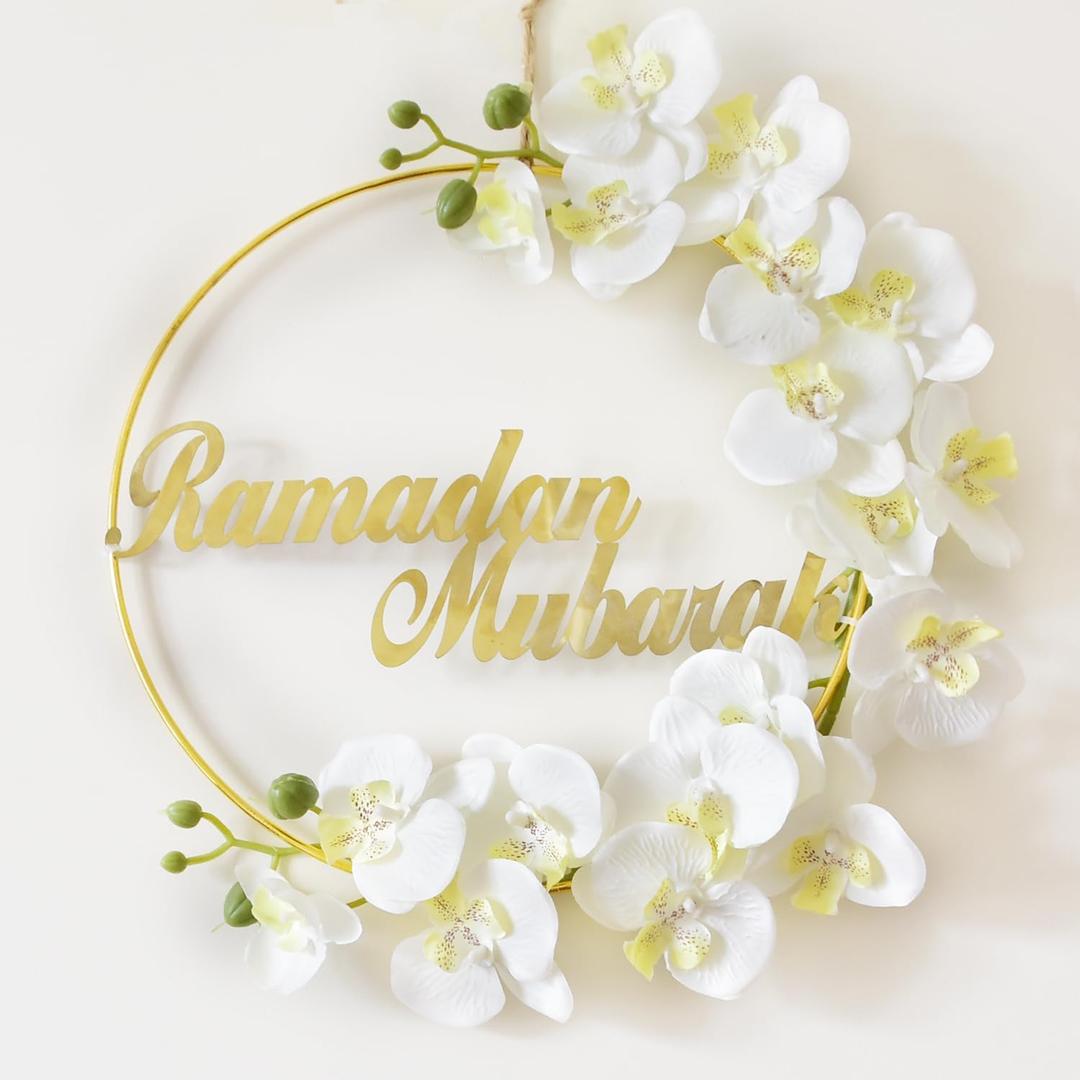 Ramadan Mubarak Wreath, Wreath Ramadan Decorations for Home Front Door, Round Metal Hoop Floral Hanging Garland, for Wall Window Indoors Outdoor Farmhouse Decor