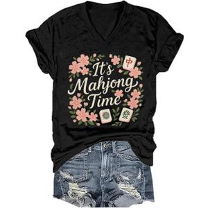 Mahjong Shirt Mahjong Gifts for Women Mahjong Shirts for Woman V Neck T-Shirt for Women Men L