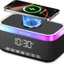 S300 16W Stereo Portable Bluetooth Speaker with 15W Fast Wireless Charging, 13-Color Dimmable Night Light, White Noise, Alarm, FM Radio, BT5.3, TWS, for Home, Office, Bedroom (Black)