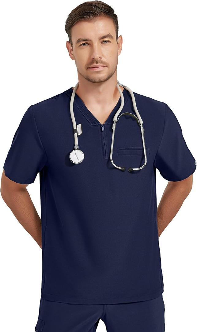 Medical Scrub Tops for Men-Soft Stretch V-Neck Top Scrubs with 3 Pockets (Large)