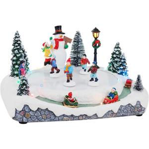 Animated Christmas Village Skating Pond - Lighted Musical Snow Scene with 4 Moving Skaters, Adapter, Battery Slot