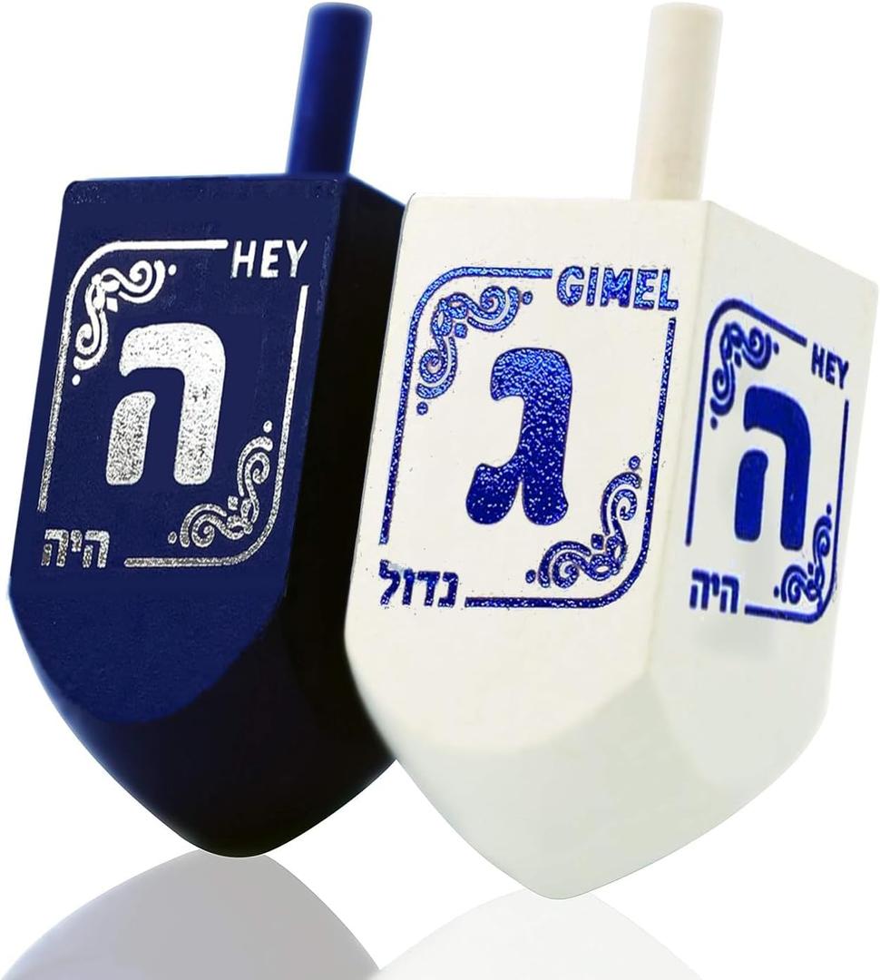 3 x Izzy 'n' Dizzy Hanukkah Dreidels - Extra Large Blue and White Wooden Dreidel - 2 Pack