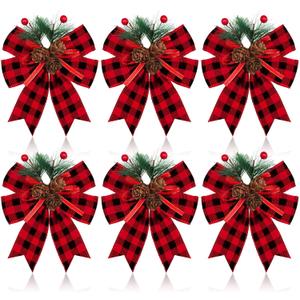Syhood 6 Pcs Christmas Bows with Pine Cones Pine Needles Xmas Velvet Bows Black and Red Ribbon Christmas Tree Wreath Decoration for Xmas Parties Indoor Outdoor Crafts DIY Decor