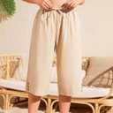 Schine Women Cozy Capri Pants Lightweight High Waist Elastic Drawstring Pants with Pockets Loose Button Trim Cropped Trousers (Beige, XXL)