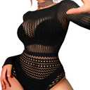Kaei&Shi Sexy Hollow Rave Outfits, Fishnet Bodysuit Fits 0-18, Sheer Lace Glow Party Tops, Festival Mesh Plus Size For Women (Black)
