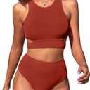 ZAFUL Women's Swimsuit High Waisted Bikini Sets Two Piece Swimsuit Scoop Neck Tank Side Cutout Midkini Stitching (Medium, Orange)