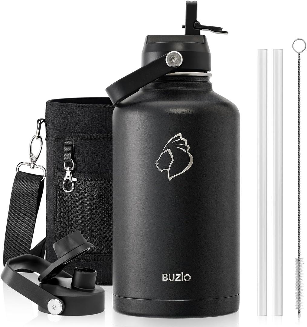 BUZIO Vacuum Insulated Stainless Steel Water Bottle 64oz (Cold for 48 Hrs/Hot for 24 Hrs) BPA Free Double Wall Travel Mug/Flask for Outdoor Sports Hiking, Cycling, Camping, Running (Black)