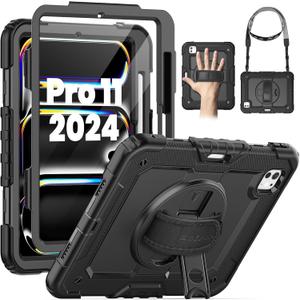 SEYMAC for iPad Pro 11 Inch Case 2024 (M4), Heavy Duty Shockproof Protective Case with Screen Protector, 360 Rotating Stand, Hand/Shoulder Strap and Pen Holder for iPad Pro 11 2024, Black