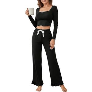 Women's 2 Piece Pajama Set Fall Bow Square Neck Crop T Shirt and Tie Front Ruffle Pants Loungewear M