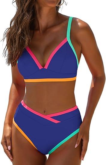 popvil High Waisted Bikini Sets for Women Neon Two Piece Swimsuit Sexy High Cut 2026 Bathing Suit, S, Blue