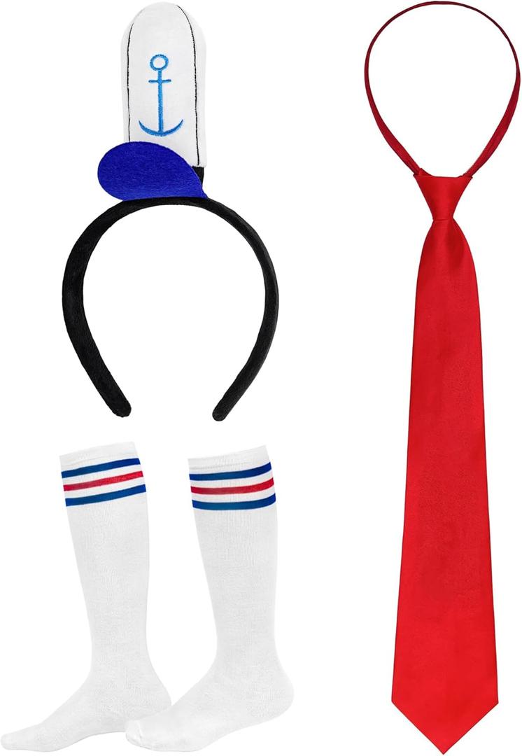 Sailor Costume Set, Yellow Square Accessories with Sailor Hat Headband Red Tie Socks for Men Women for Halloween Sponge Cosplay