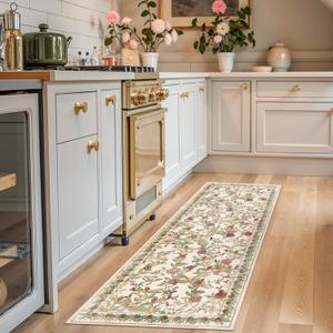 jinchan Eden Floral Washable Runner Rug 2x6 Vintage Hallway Rug Non-Slip Lightweight Soft Thin Kitchen Low Pile Distressed Red Green Christmas Carpet for Bathroom Laundry Room Bedroom Entryway