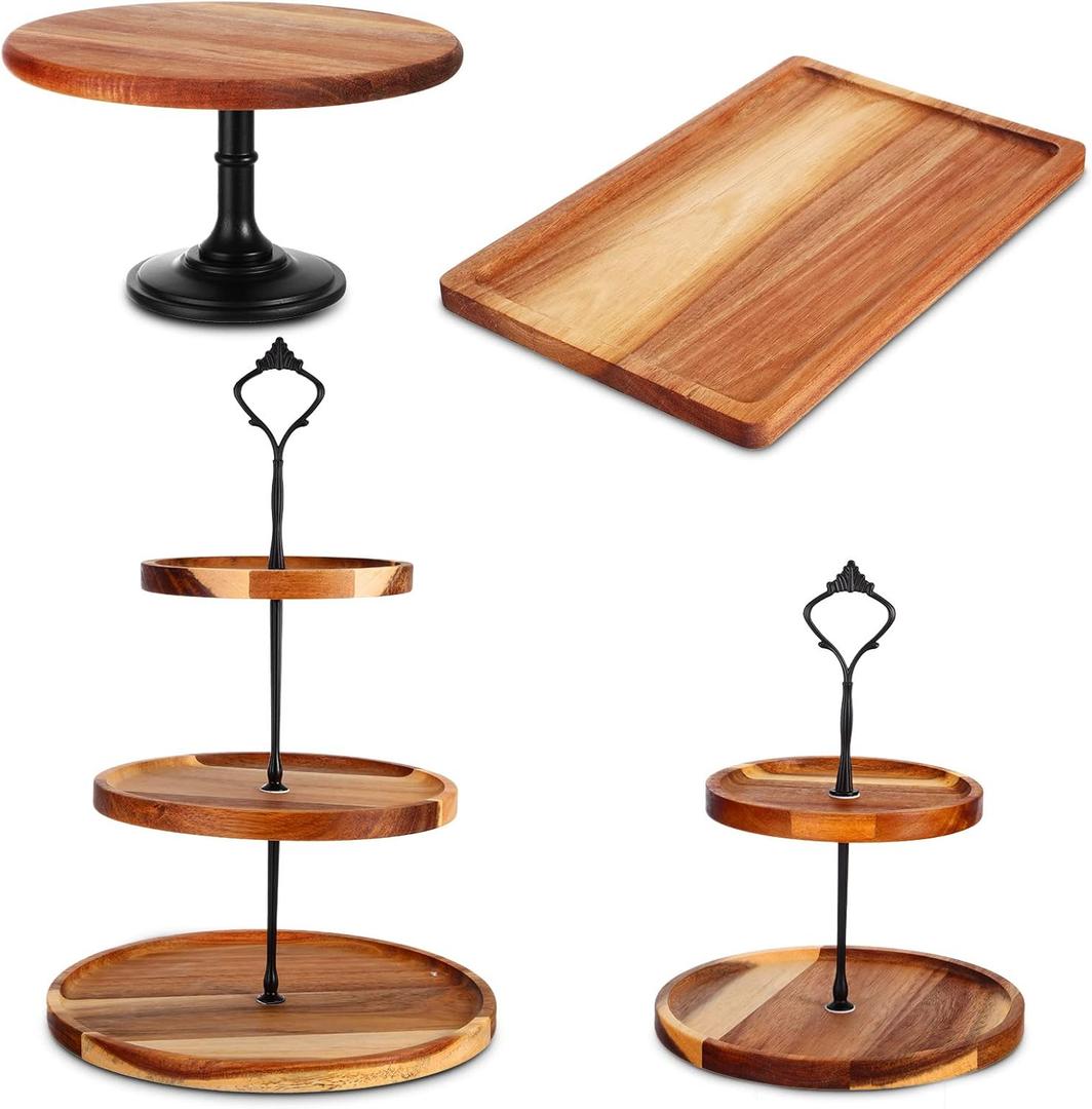 Weysat 4 Piece Wooden Cake Stand Set Wood Dessert Stand, 2 Tier and 3 Tier Rustic Cupcake Stands, Cup Cake Tower, Dessert Display Tray for Baby Shower, Wedding, Birthday Tea Party, Farmhouse Decor