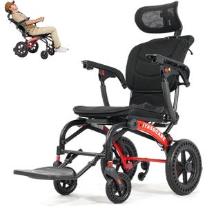 Reclining Lightweight Wheelchair for Adults & Seniors 28lb Foldable Travel Wheelchair with Adjustable 90-135 Backrest,Removable Headrest, Anti-Tip Wheels,330 lb Capacity