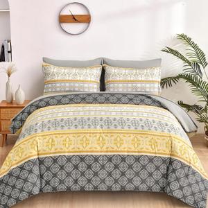 WONGS BEDDING Boho Comforter Set Queen Size,7 Pieces Bed in a Bag Bohemian Striped Bedding Set,Yellow Paisley Floral Comfortet and Sheet Set,Soft Microfiber Bedding Sets for All Season