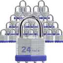 Keyed Alike Laminated Steel Padlocks, Standard Shackle, for Hasp, Shed, Fence, Storage Locker, School, Gym (24 Pack)