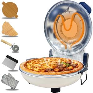 Pizza Oven Indoor, 12 Inch Retro Pizza Maker, Rapid Heating 800˚F, 1200W Glazed Ceramic Stone Electric Pizza Cooker, Two-button Precise Temperature Control, Viewing Window for Precise Cooking