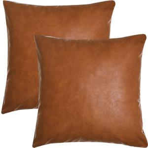 Tosewever Faux Leather Throw Pillow Covers, 18 x 18 inch Set of 2 Luxury Cognac Brown Modern Pillowcases Solid Decorative Square Cushion Cases for Bedroom Living Room Couch Bed Sofa (Brown, 18" x 18")