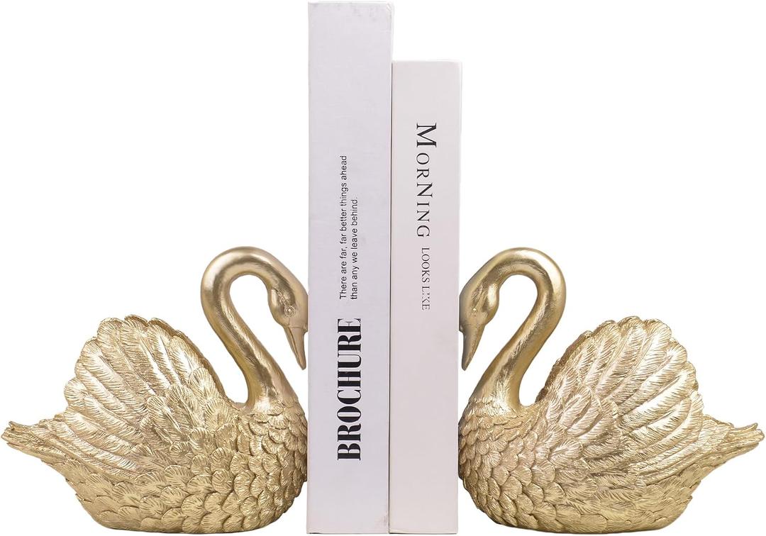Swan Decorative Bookends,Resin Book Ends for Shelves,Unique Gold Book Holders,Heavy Duty Swan Decor for Home Office Desk Bookshelf,Set of 2,Gifts for Anniversary