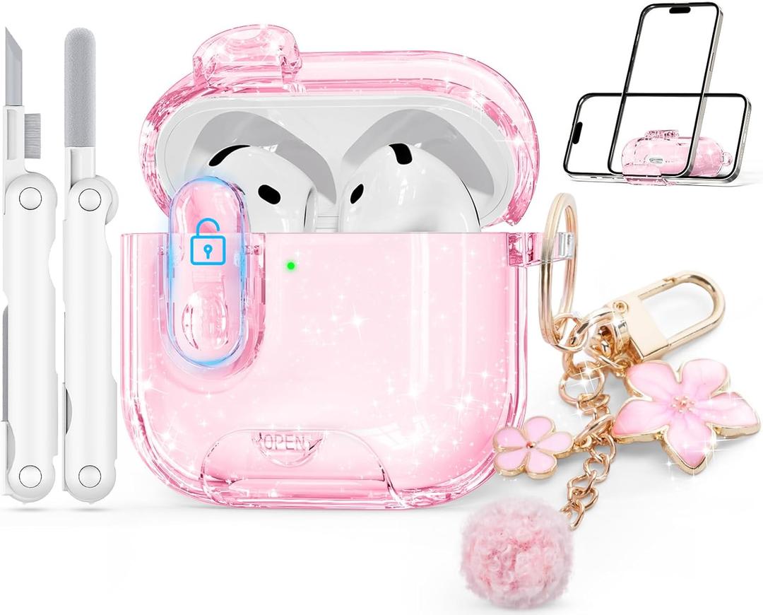 Clear Case for AirPods 4 Case Cover with Safety Lock,Soft TPU Cover with Phone Stand & Cleaning Kit,Cute Bling Keychain for Women Girls-Glitter Pink