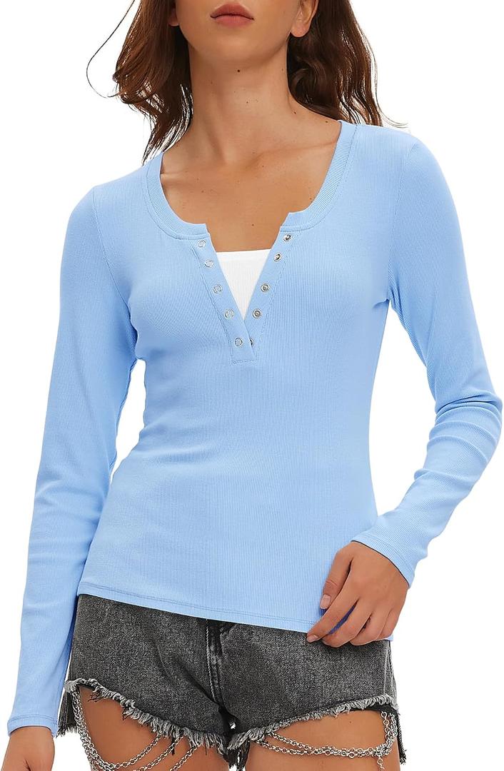 Beaully Women's Long Sleeve Henley Tops Ribbed Knit Slim Fitted Trendy T Shirt Basic Tees Layer 2026 Spring Fashion Outfits (Blue, M)