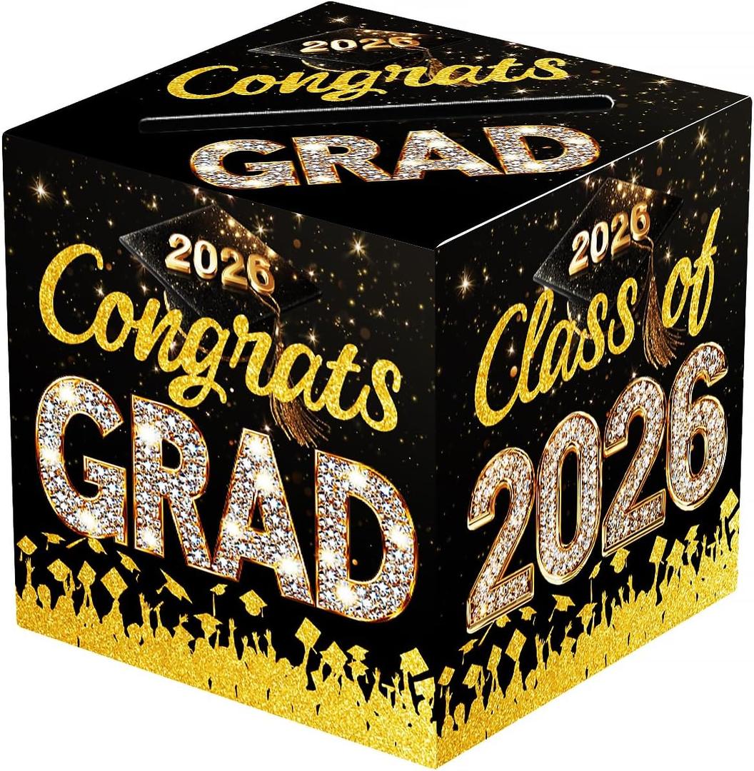 2 x Black and Gold Graduation Card Box for Class of 2026, Congrats Grad Card Box for Graduation Party Supplies Party Favors