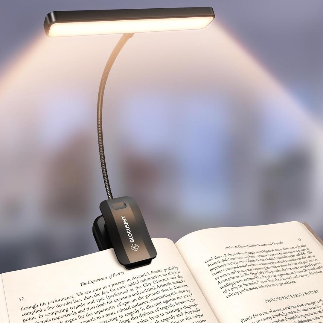 Glocusent 26 LED Book Light, 1200 mAh 90 Hrs Lasting Rechargeable Reading Light, 5 Amber Colors & Stepless Dimming Book Reading Light - Portable Clip on Light for Book Lovers Kids (Black)
