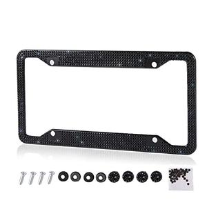 Fashion Handmade 4 Holes Black Crystal License Plate Frames,Premium US Universal Bling License Plate Holder,Waterproof Rhinestone License Plate Cover(1 Frame)