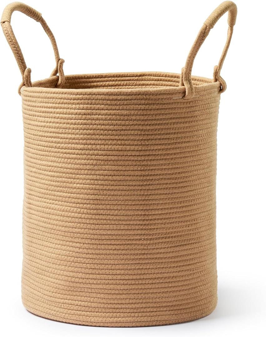 Laundry Basket  Laundry Hamper for Clothes, Blankets, Yoga Mat  Woven Cotton Rope Basket for Living Room, Nursery Room  Boho Style  15D x 18H  Khaki (Small)