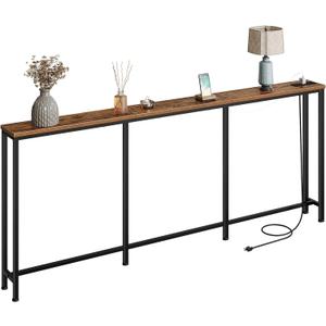 78.7'' Narrow Console Table with Power Outlet 7.1" Skinny Sofa Table, Long Behind Couch Table with Charging Station, Entryway Table for Hallway, Living Room Rustic Brown and Black TXG20UBF, 78.7*7.1*32.3in
