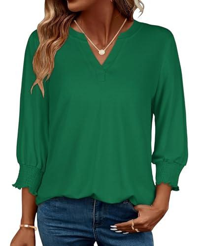 3/4 Length Sleeve Womens Tops Business Casual Blouses V Neck T Shirts with Puff Sleeve 2026, Green Color, L