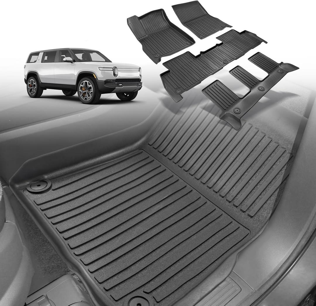 BestEvMod Compatible with Rivian R1S All Weather Floor Mats Anti-Slip 3D Pattern TPE Heavy Duty Rubber Waterproof Non-Slip Design Floor Liner 1st & 2nd and 3rd Rows Set 2022-2024 Accessories (R1S)