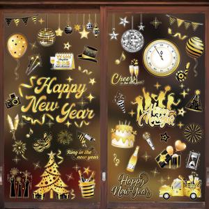 HOWAF 9 Sheets New Year Window Clings, 2026 Happy New Years Eve Window Decal for 2026 New Year Christmas Home Ornaments, Black Gold Silver New Year Firework Window Stickers
