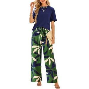PRETTYGARDEN Women Summer 2 Piece Outfits 2026 Short Sleeve Knit Top Floral Print Belted Wide Leg Pant Sets With Pockets (Blue, XL)
