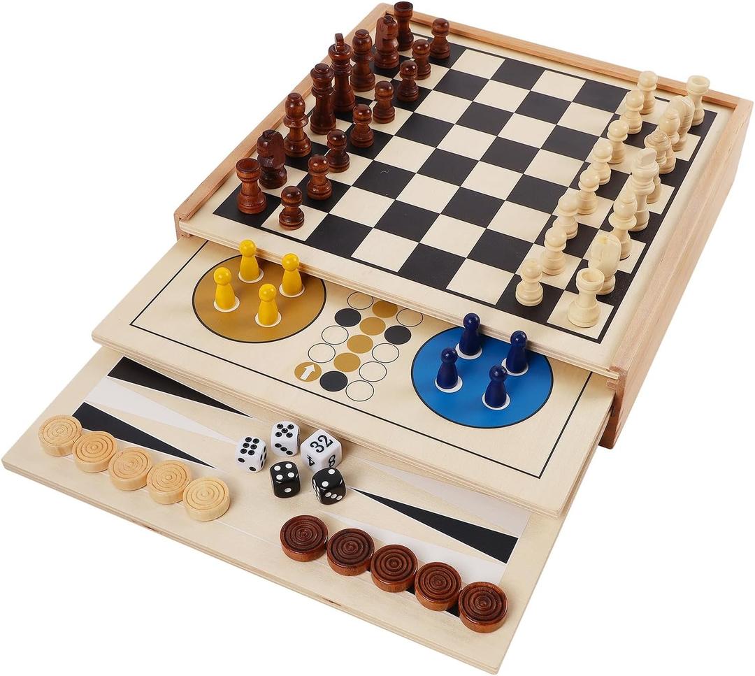 Juegoal 7-in-1 Wooden Board Game Set for Kids Adults, Tabletop Combo Classic Travel Portable Board Games 