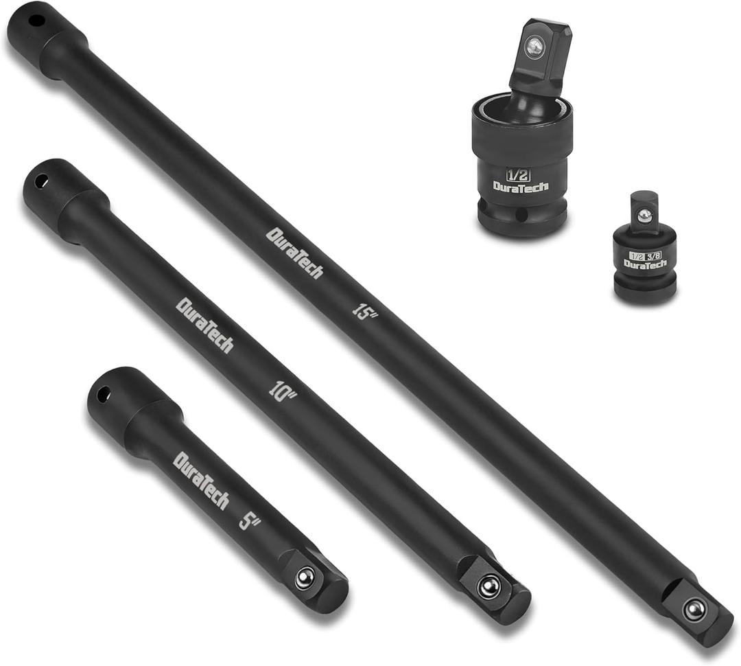 DURATECH 1/2" Impact Socket Extension Set, 5-Piece, Including Drive Impact Extension Bars(5", 10" and 15"), Swivel Universal Joints and 1/2"- 3/8" Drive Adapter, CR-V Steel