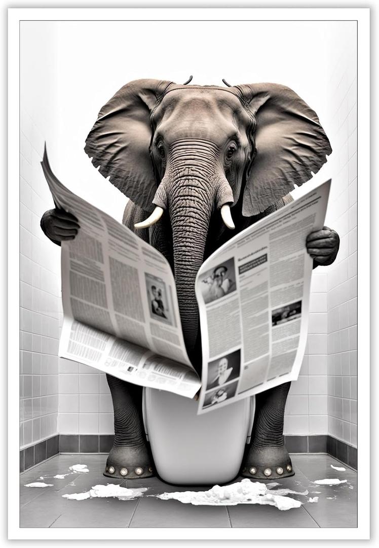 KOEUIRW Funny Elephant Bathroom Canvas Wall Art Cute Elephant In Toilet Posters Black and White Animal Prints Painting Maximalist Mid Century Modern Aesthetic Wall Decor for 24x36in Unframed