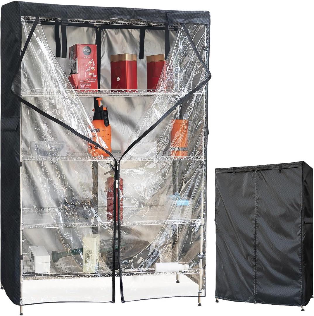 Wire Shelves Covers,600D Heavy Duty Waterproof Dustproof Shelving Unit Cover,Outdoor Storage Rack Cover with Zipper for Metal Shelving(Black with Clear Front,30x14x63 Inch)