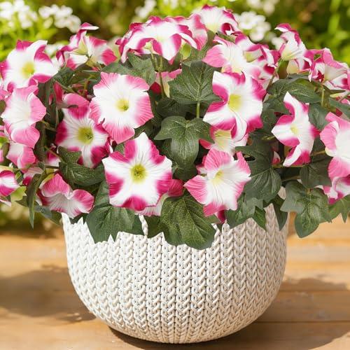 Artificial Flowers for Outdoors, Faux Petunias Spring Summer Decoration, Fake Flowers Plants UV Resistant Look Real Silk Flowers for Outside Planter Front Door Porch Patio Yard (12, Pink-White)
