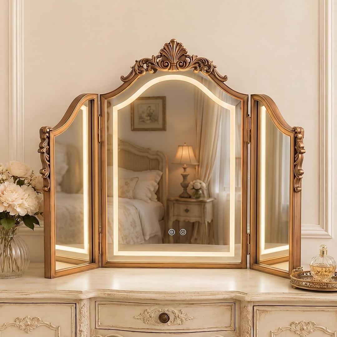Wonderjune LED Trifold Vanity Mirror 3 Way, 24 x 30 in, Golden