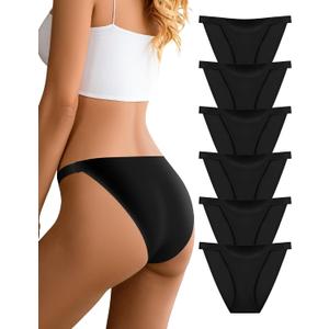 Women's Seamless Underwear High Cut String Bikini Panties Ladies No Show Low Rise Stretch Briefs 6 Pack Black (Black, L)