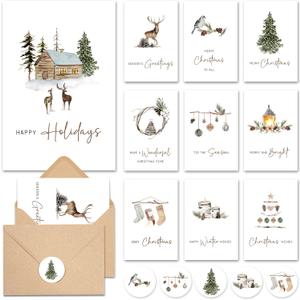 AUDREE Watercolor Woodland Christmas Cards with Envelopes & Matching Stickers (20 Pack 4"x6") - Thoughtful Gift Idea for Friends and Family - Perfect for Happy Holidays Card, Xmas Card