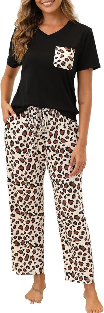 Womens Pajama Sets 2 Piece Short Sleeve Pjs Tops and Long Pants Sleepwear Lounge Set with Pocket (XX-Large, Black)