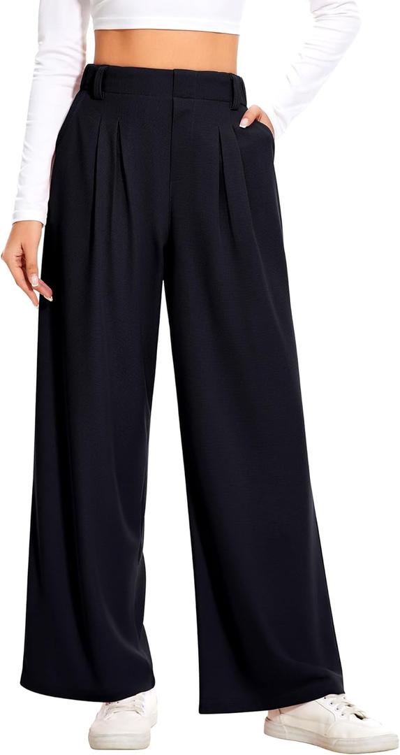 AVAMO Slacks for Women Dress Pants Stretchy Work Pants Wide Leg High Waisted Business Casual Trousers with Pockets Waffle (Medium, Black)