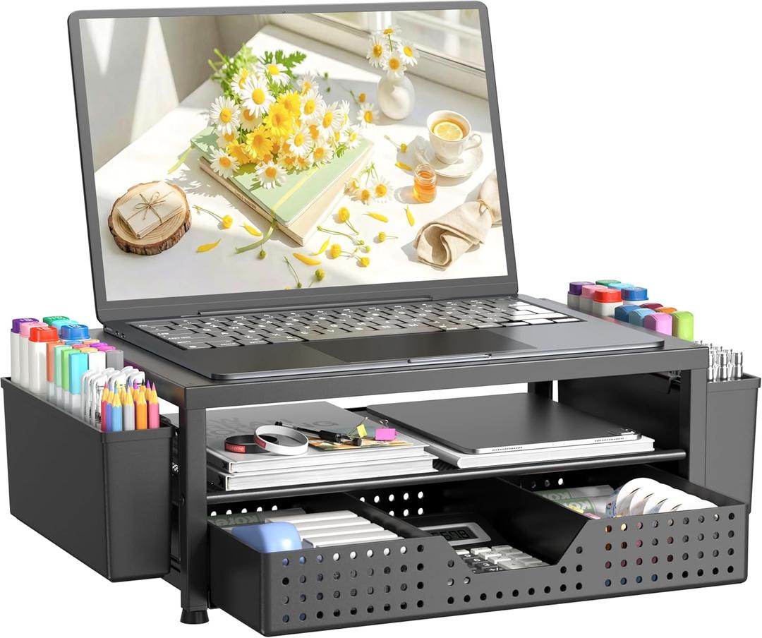 OPNICE Laptop Stand Desk Organizer, 2-Tier Metal Monitor Stand Riser with Drawer & 2 Pen Holders, Ventilated Perforated Steel Top, Office Desk Accessories for Home Office, Black